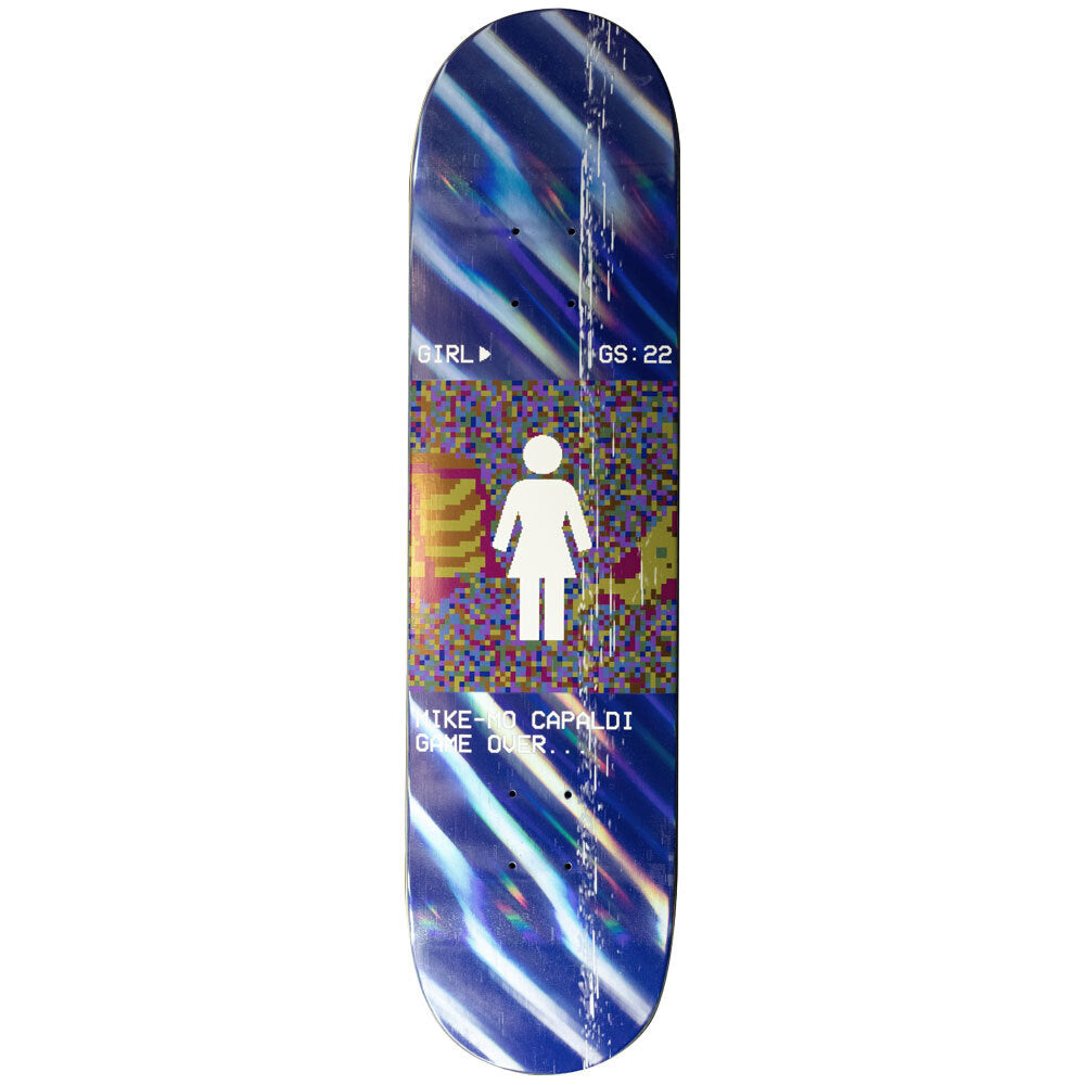 Girl Mikemos Last Board - Autographed skateboard deck: Girl logo figure in white on a pixelated, glitching colour block, with 'GIRL' and 'GS:22' status text above and 'Mike-Mo Capaldi Game Over...' below. Blue holographic streaked deck with video-glitch scratches.