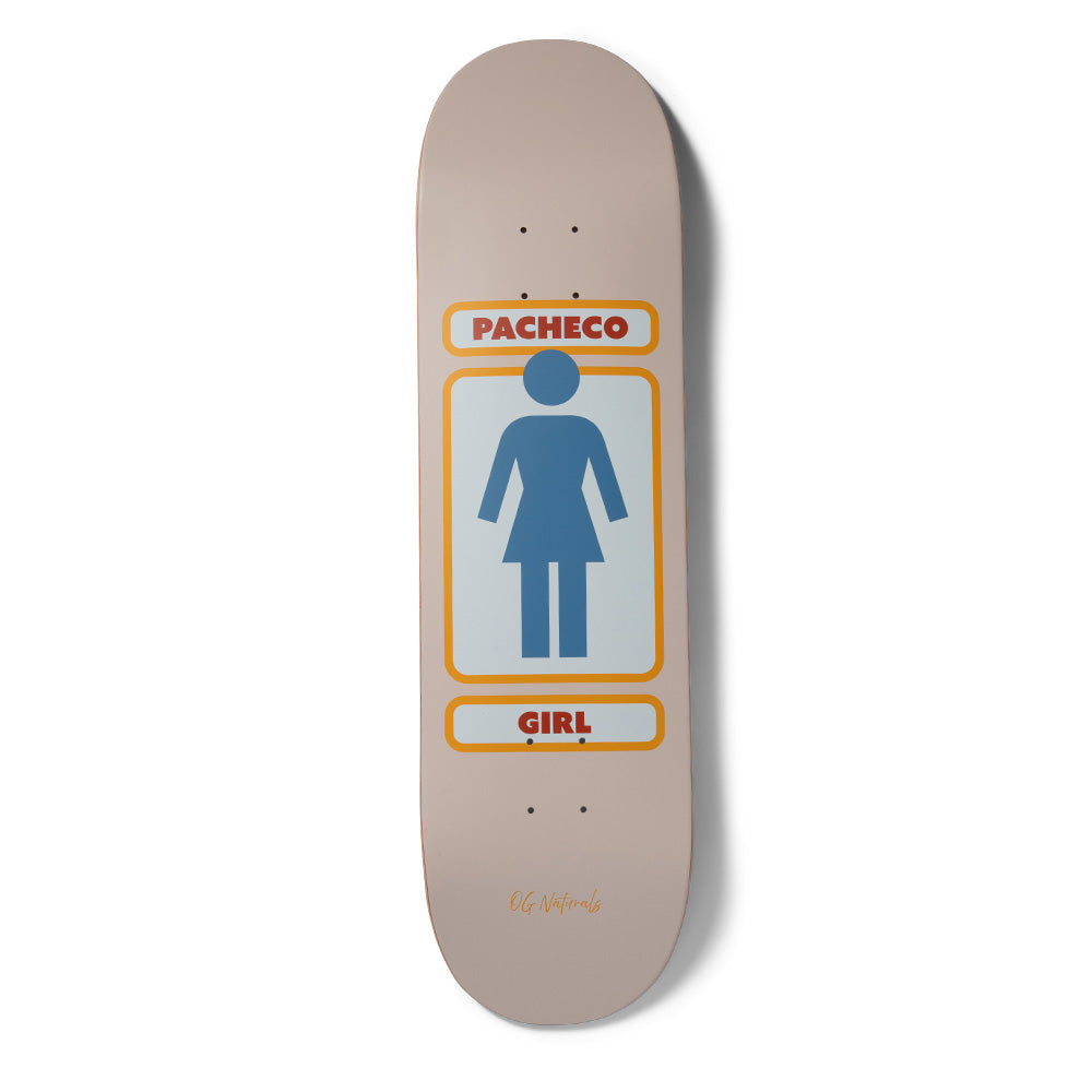 Girl Pacheco 93 Naturals skateboard deck: Pale taupe deck with the Girl logo: a blue female figure in a light panel with an orange border, a Pacheco name panel above and a Girl panel below. Small script text near the tail.