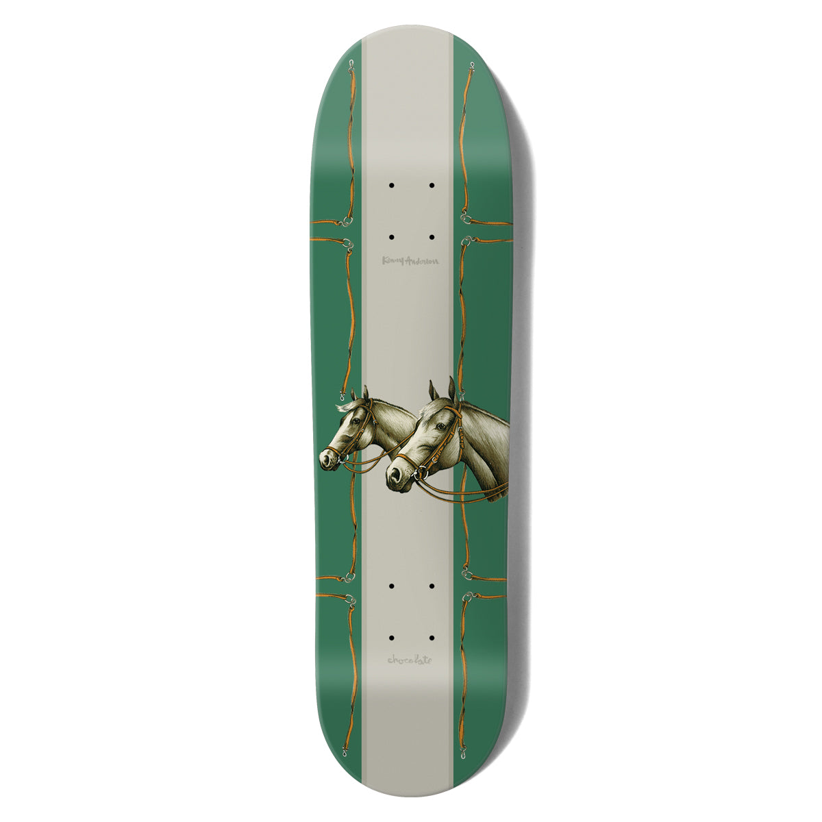 Chocolate Anderson Rancho Skidul skateboard deck: Two grey horses in bridles shown in profile heads on a cream central stripe, flanked by green side bands with tan bridle-strap motifs. Small Kenny Anderson and Chocolate text.
