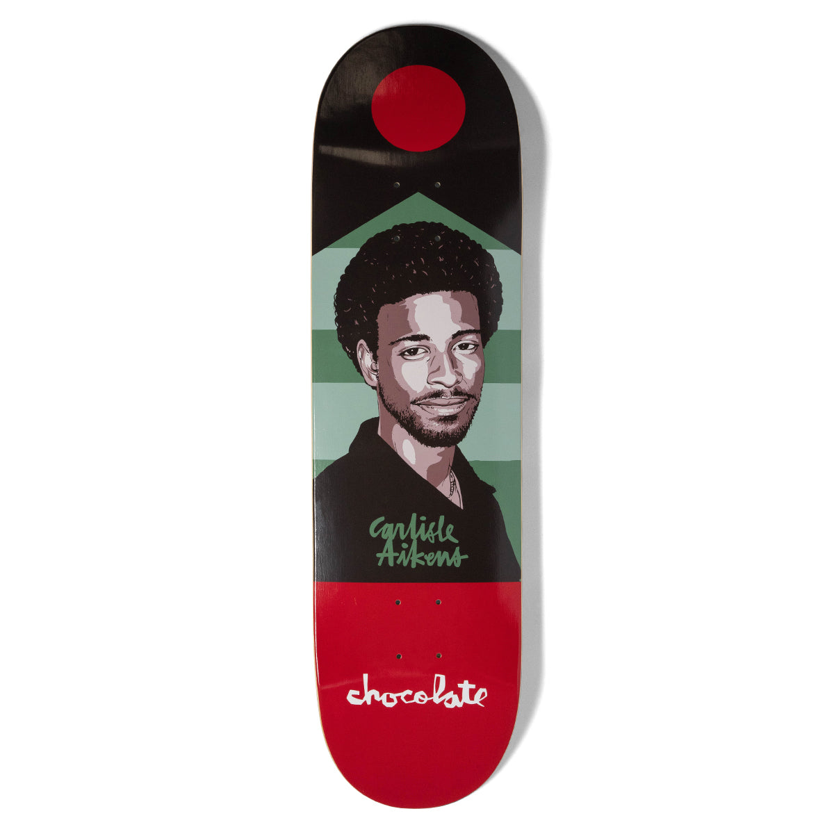 Chocolate Aikens Portrait skateboard deck: A stylised portrait of a man with an afro and goatee in a dark shirt against green stripes, with a red sun above on black and a red lower section. Name in green handwriting; Chocolate logo in white at the bottom.