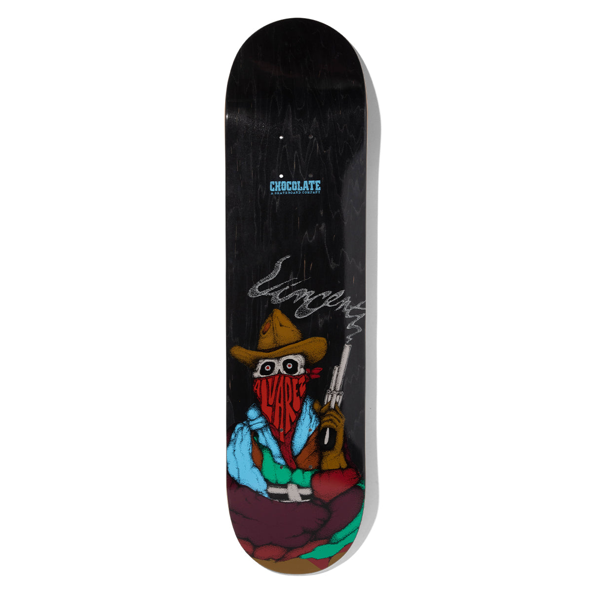 Chocolate Alvarez Bandito skateboard deck: Masked skeletal bandit in a cowboy hat with a red bandana, holding up a smoking revolver, with smoke curling into the rider's name script above. Black deck with Chocolate logo at the top.