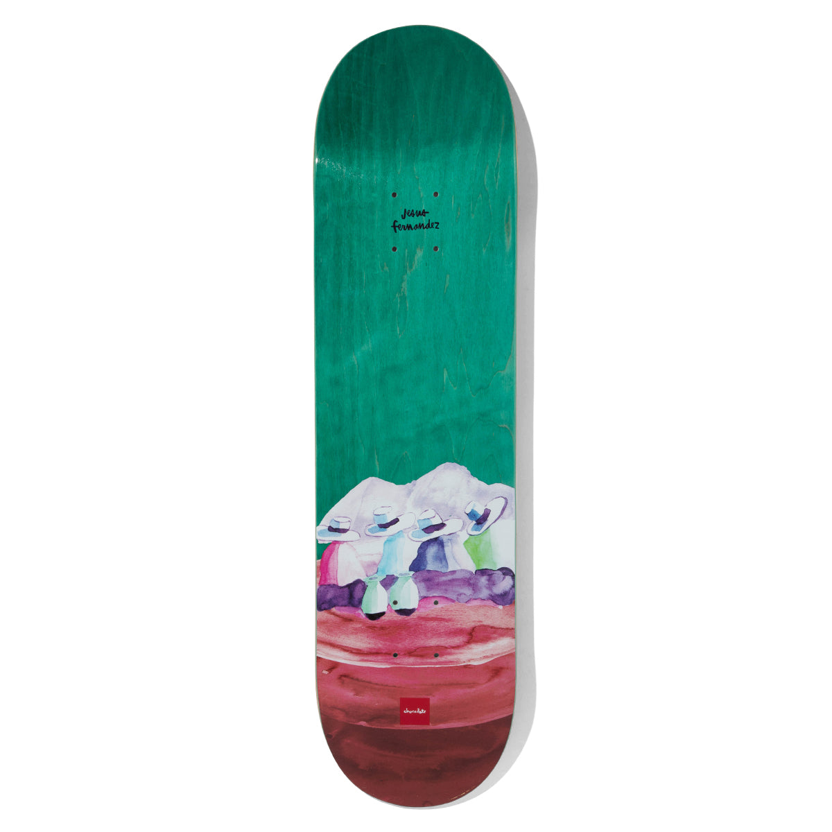 Chocolate Fernandez Tierra skateboard deck: Loose watercolour of four figures in white hats seated before pale mountains, with small pots, above a red-brown earth band at the tail. Handwritten rider name on a green wood-stained top and a small red Chocolate logo.
