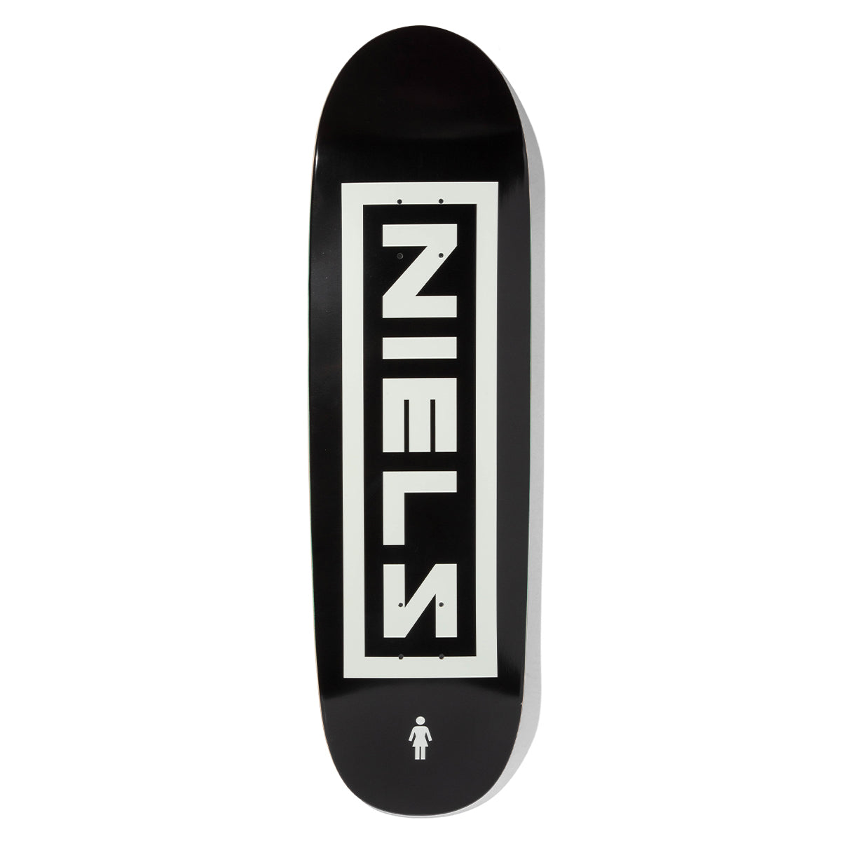 Girl Bennett Nine Inch Niels Loveseat skateboard deck: Parody of a band logo: the word NIELS in bold, partly mirrored white block capitals inside a rectangular white frame on black. The small Girl logo sits at the tail on a wide-nosed shape.