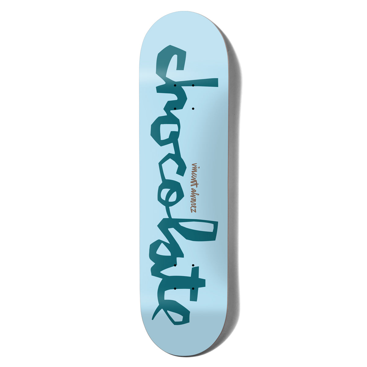 Chocolate Alvarez Original Chunk skateboard deck: Pale blue deck with the Chocolate name in large, chunky teal hand-cut lettering running its length. The rider's name appears in small print between the words.