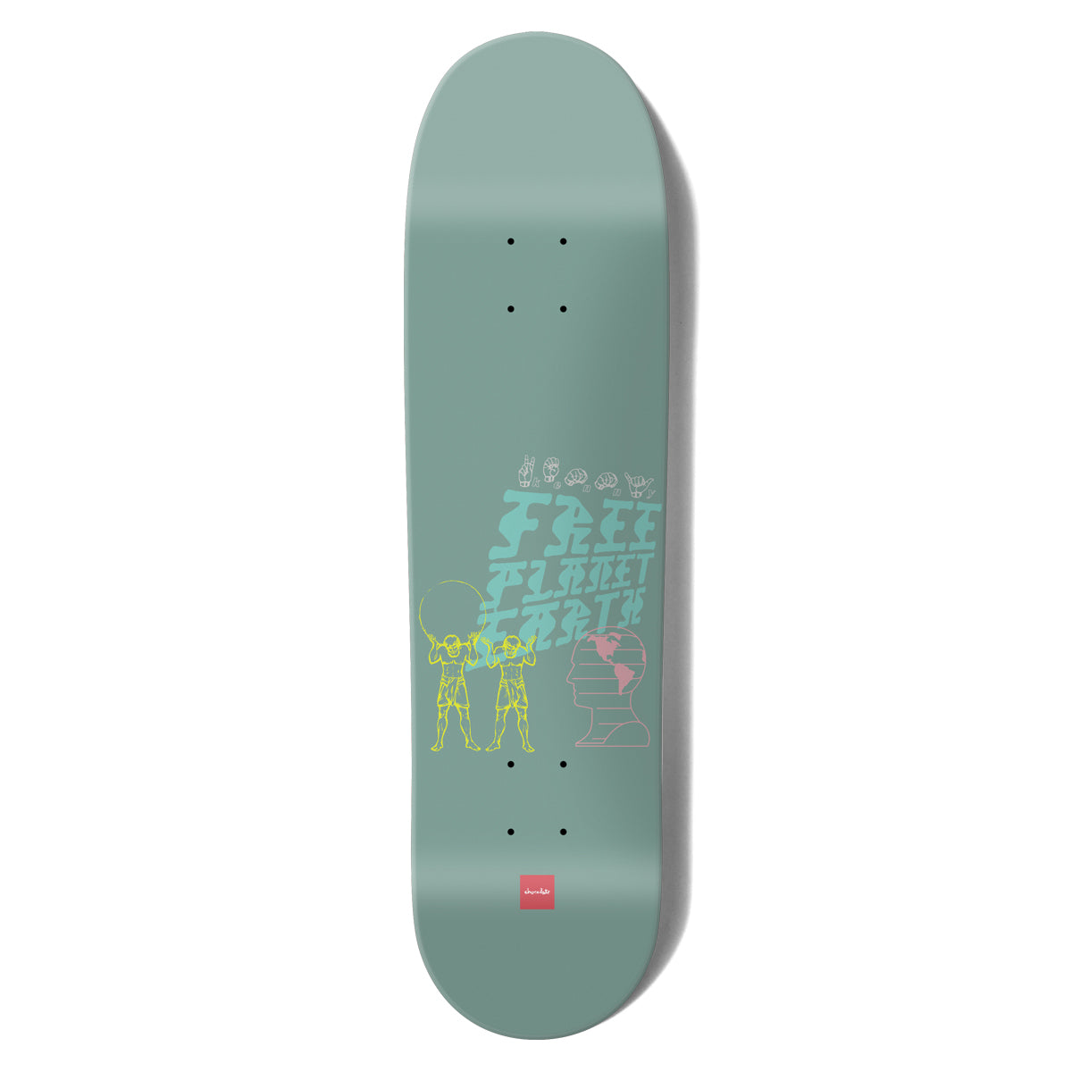 Chocolate Anderson Free Planet Earth Skidul skateboard deck: Soft pastel graphic with large block lettering reading Free Planet Earth, sign-language hands above, two outline figures holding up a globe, and a head profile with a map of the Americas. Small red Chocolate logo at the foot.