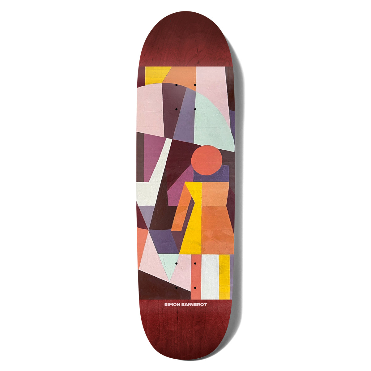 Girl Bannerot Emergence Loveseat skateboard deck: Abstract geometric collage of overlapping painted shapes in pink, mint, purple, orange and yellow, with the Girl logo figure formed from colour blocks. Red-stained wood surround and a small white name at the bottom.