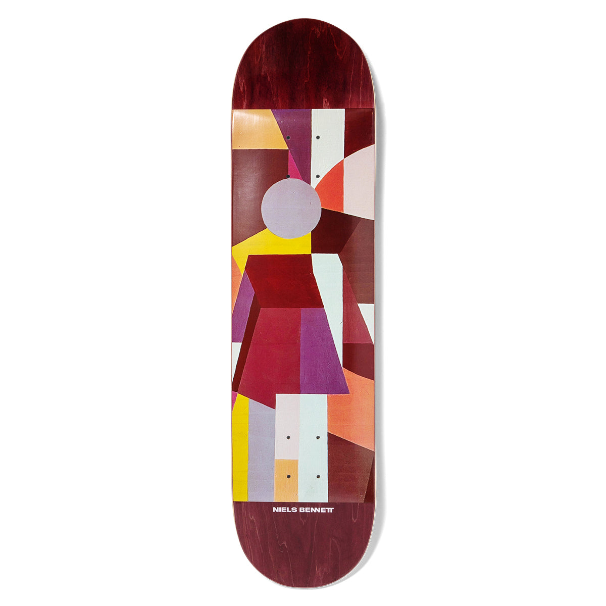 Girl Bennett Emergence skateboard deck: Burgundy-stained deck with a central panel of overlapping geometric shapes in maroon, purple, yellow, orange and cream, forming the Girl logo figure with a lilac circle head. Niels Bennett printed at the tail.