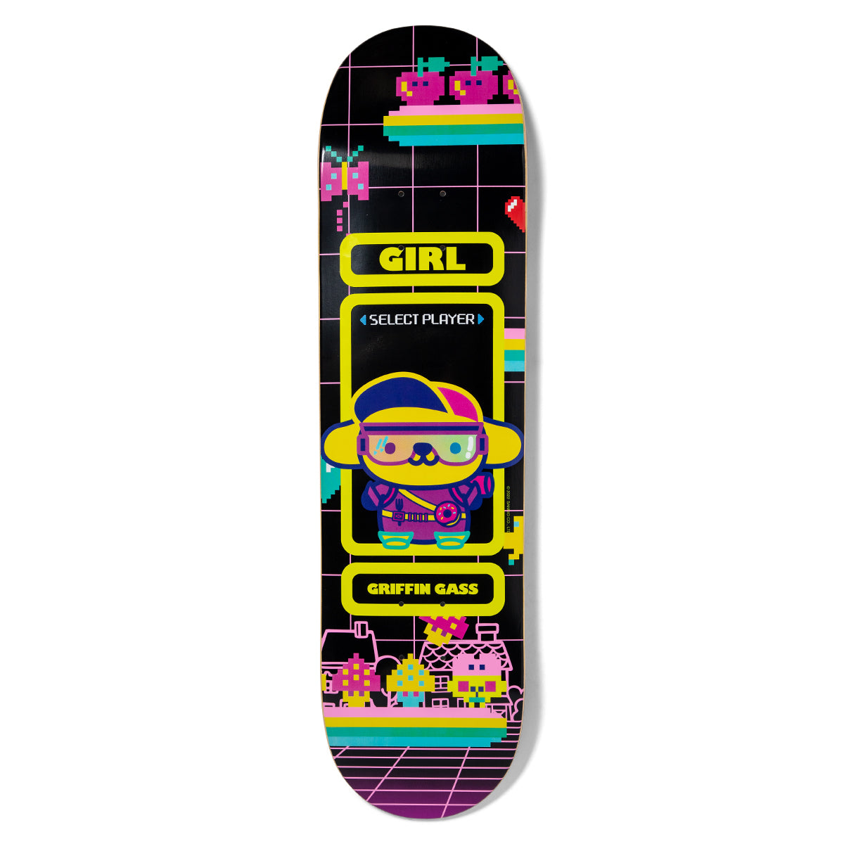 Girl Gass Kawaii Arcade skateboard deck: Retro arcade select-player screen in pixel style, with a cute character in cap and goggles inside a yellow frame on a black grid background with pixel fruit, hearts, butterflies and houses.