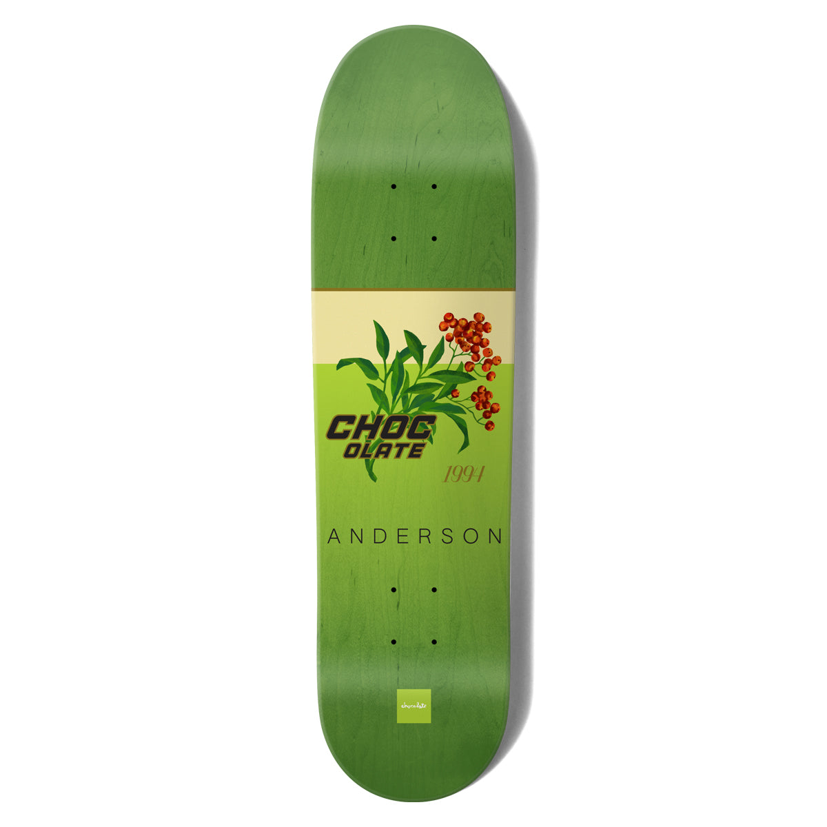 Chocolate Anderson Burn One Skidul skateboard deck: A botanical illustration of green leaves and red berries on a cream and lime band, labelled Chocolate with the date 1994 and Anderson below, on a green stained deck with a small square Chocolate logo at the tail.