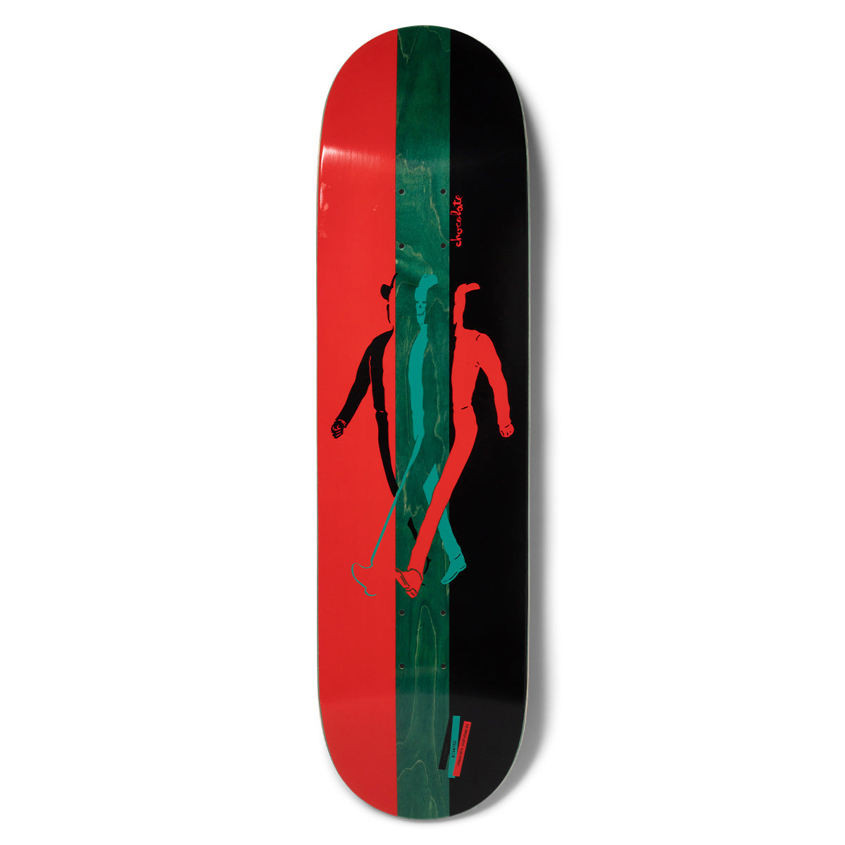 Chocolate Alvarez 3X Dope skateboard deck: Deck split into red, green and black vertical stripes with a stylised walking man in silhouette, repeated in red, teal and black as if in motion. Small orange Chocolate script near the top.