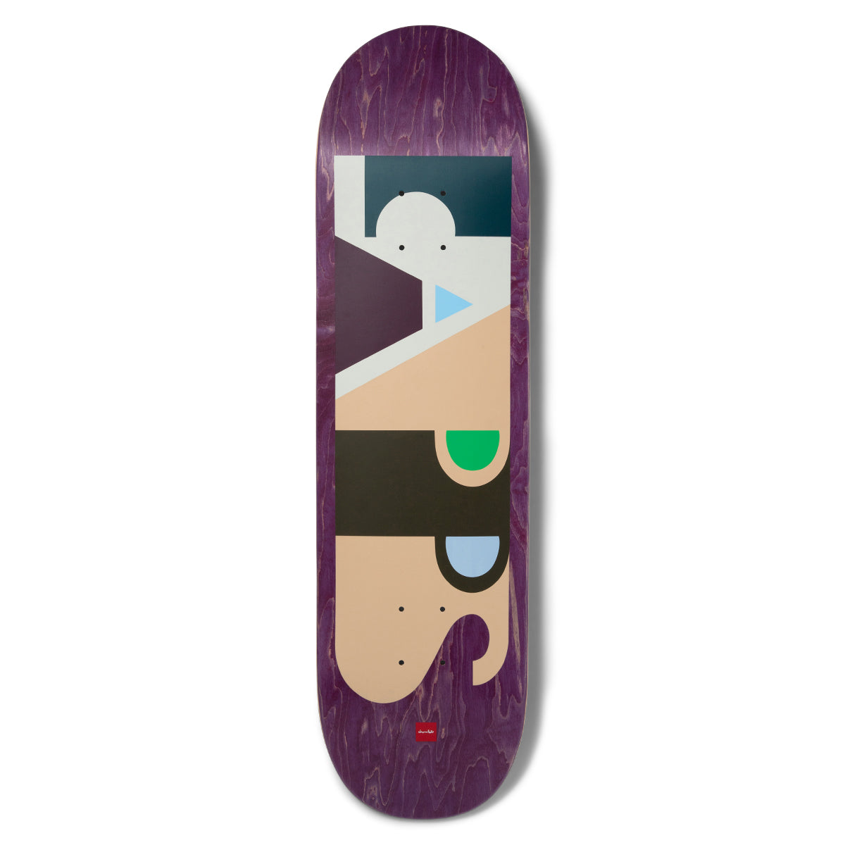 Chocolate Capps Oners skateboard deck: Large abstract geometric blocks forming the letters CAPPS in cream, navy, brown, peach, green and blue shapes, on a purple-stained deck. A small red Chocolate logo sits at the tail.
