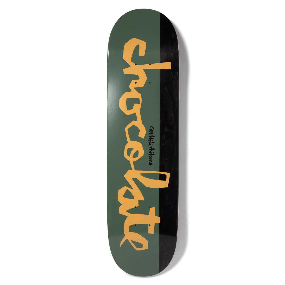 Chocolate Aikens Original Chunk skateboard deck: Large orange-yellow Chocolate chunk lettering runs down a deck split into olive green and black halves. A small handwritten rider name sits beside the lettering.