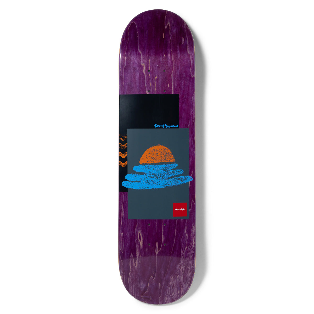 Chocolate Anderson Icon skateboard deck: Two overlapping panels on a purple-stained deck: a black one with orange wavy lines and blue handwritten rider name, and a slate-grey one showing a crayon-style orange sun over blue water. Small red Chocolate label.