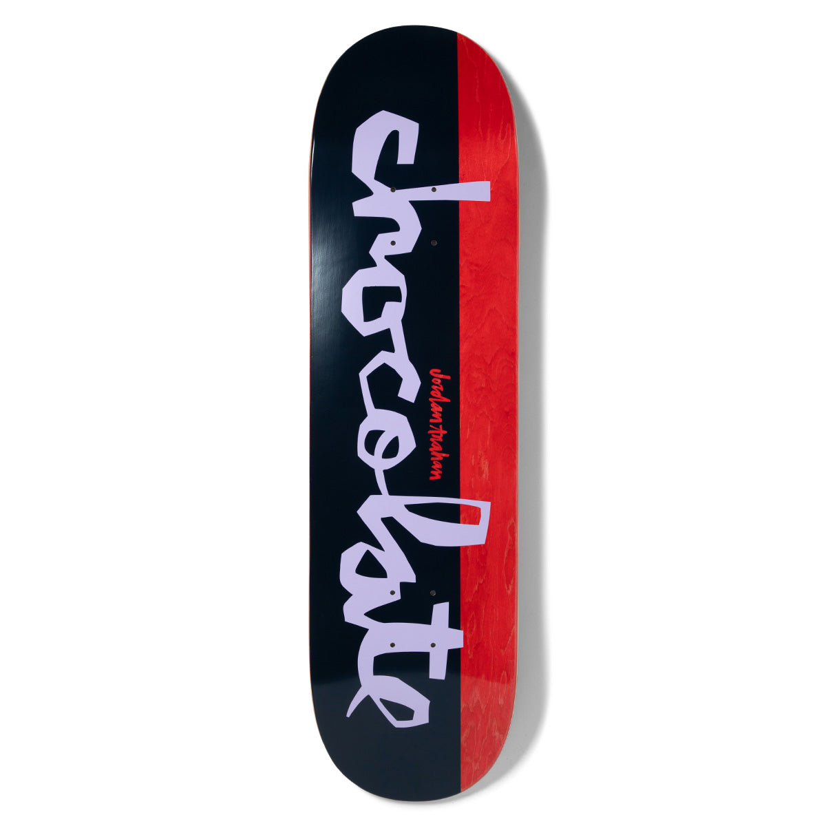 Chocolate Trahan Original Chunk skateboard deck: Large lilac 'chocolate' Chunk lettering running down a deck split into black on the left and red on the right, with small red rider-name script in the middle.