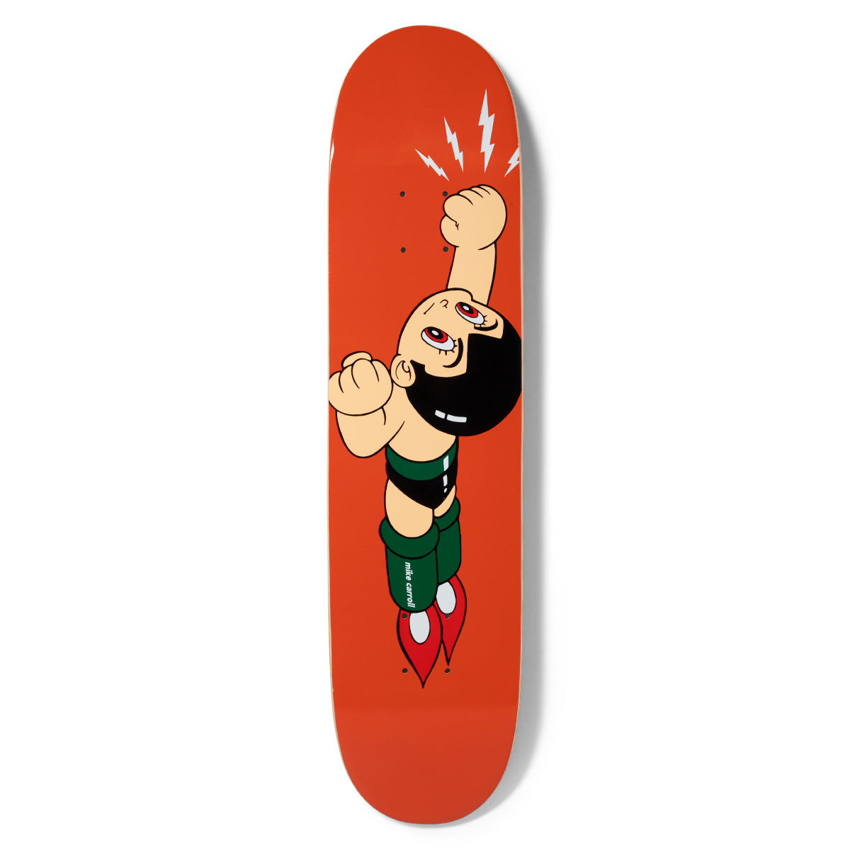 Girl Carroll Astro skateboard deck: Astro Boy-style cartoon robot boy flying upward with one fist raised and rocket boots flaring, with white lightning bolts, on a flat red-orange deck. Small rider name on the leg.