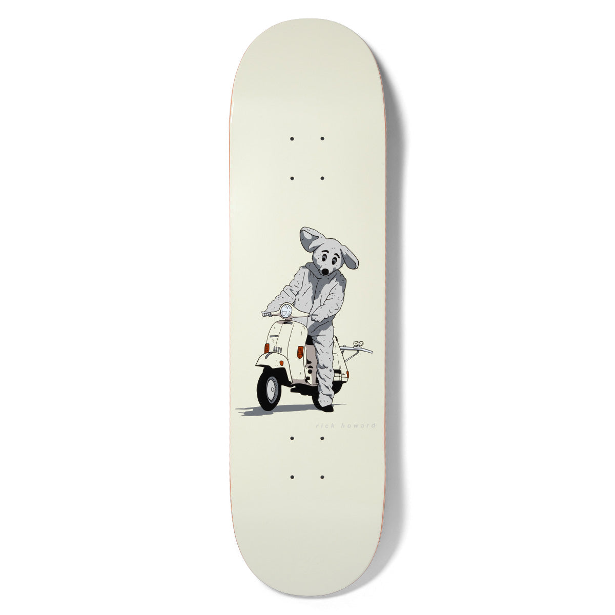 Girl Howard Mouse skateboard deck: Simple flat illustration of a person in a grey mouse costume with big ears sitting on a cream vintage scooter, on a plain off-white deck. Rider name in tiny grey text beside it.