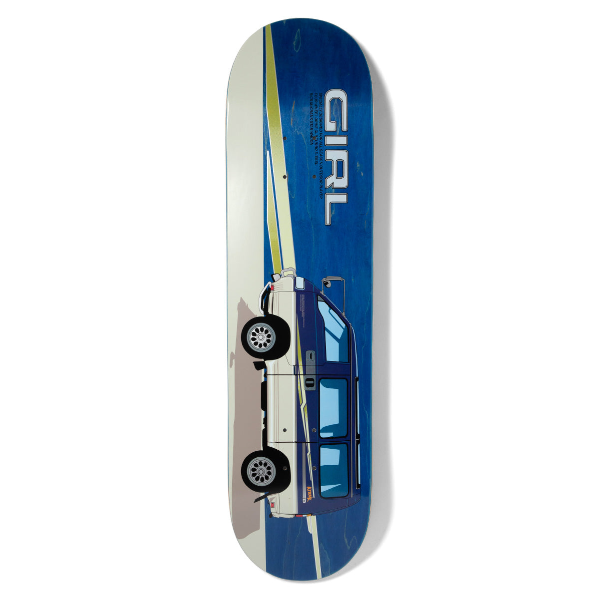 Girl McCrank Outdoor Player skateboard deck: Blue and cream illustrated side view of a blue and white van with a yellow stripe along its length, set against a blue background. Girl lettering in metallic silver at the top, with small text.