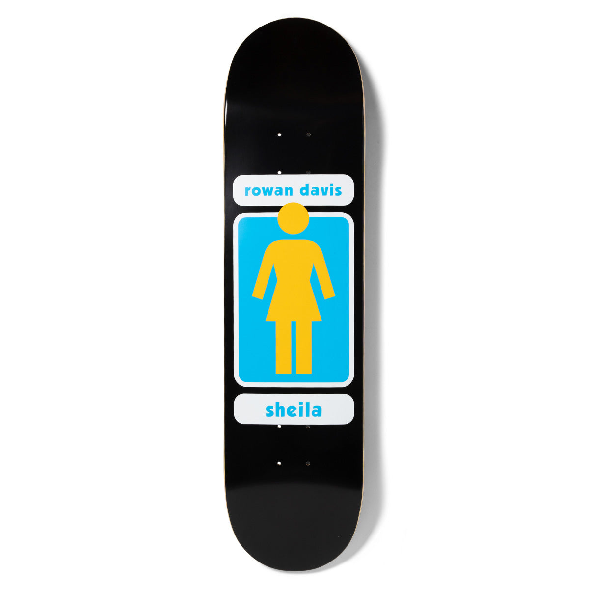 Girl Davis 93 Til skateboard deck: Black deck with Girl's figure logo in yellow on a blue rounded panel, with white name plates above and below.