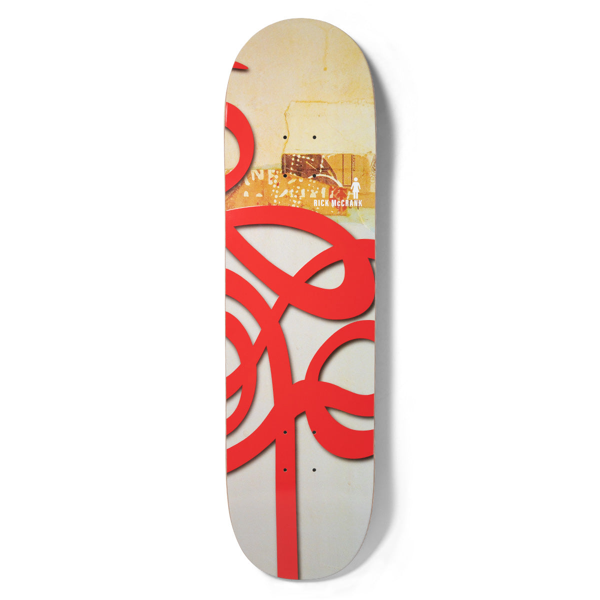 Girl McCrank Jenkins 30 Swirls skateboard deck: Large red looping ribbon or script swirls over a cream and grey background with a weathered yellow-orange band of torn collage near the top. Small Girl logo and rider name in the band.