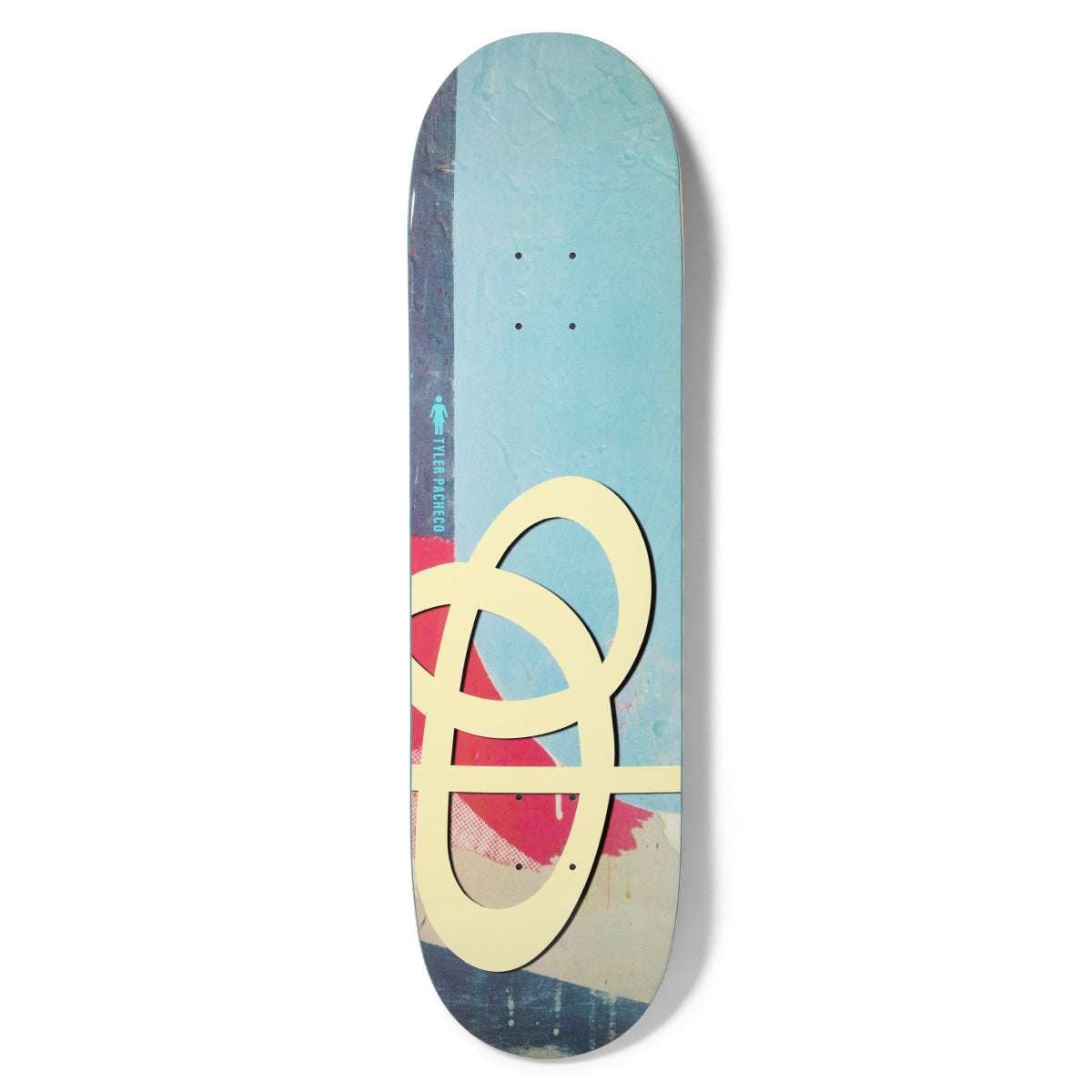 Girl Pacheco Jenkins 30 Swirls skateboard deck: Collage-style deck with textured pale blue, pink and navy painted areas and a large cream looping swirl shape across the lower half. Tyler Pacheco is printed vertically beside a small Girl pictogram.