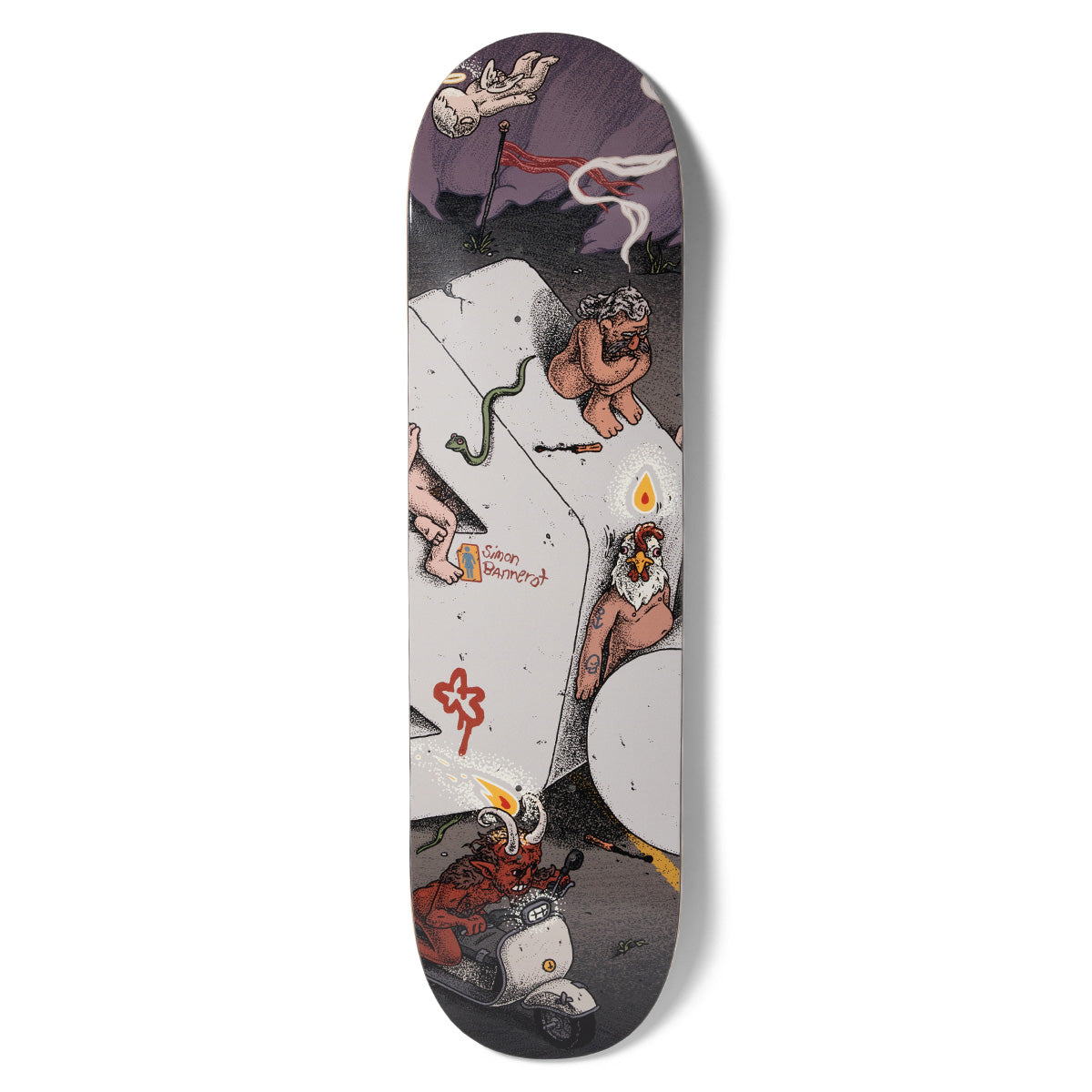 Girl Bannerot Monumental skateboard deck: Detailed drawing of naked figures, a chicken-headed person, a snake and a small red devil on a scooter around a large white monument-like block under a purple sky. Rider name written on a small card.