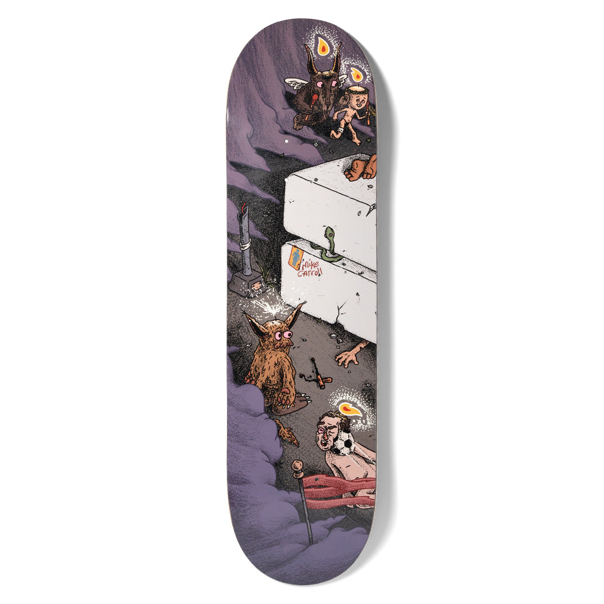 Girl Carroll Monumental skateboard deck: Illustrated underworld scene in purple smoke: a horned goat-like demon and a cherub with flaming haloes above two stacked white stone blocks, a furry imp, and a bare man with a football and a halo lying below. Signature on the block.