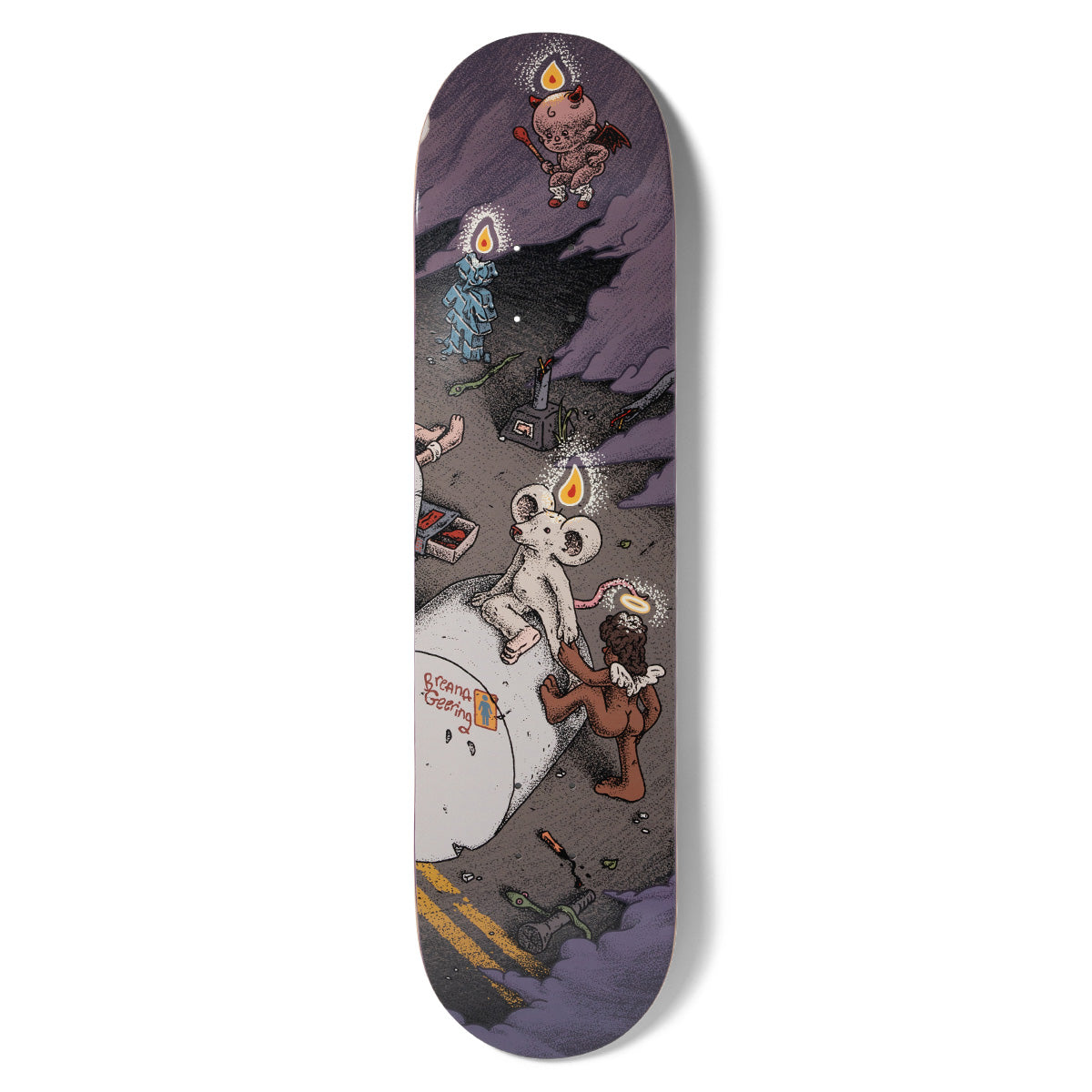 Girl Geering Monumental skateboard deck: Detailed illustrated scene of a white mouse and a small brown winged figure on a large pale rock, with candle-flame heads. A devil baby hovers above in a smoky purple-grey landscape with scattered debris; the signature Breana Geering is on the rock.