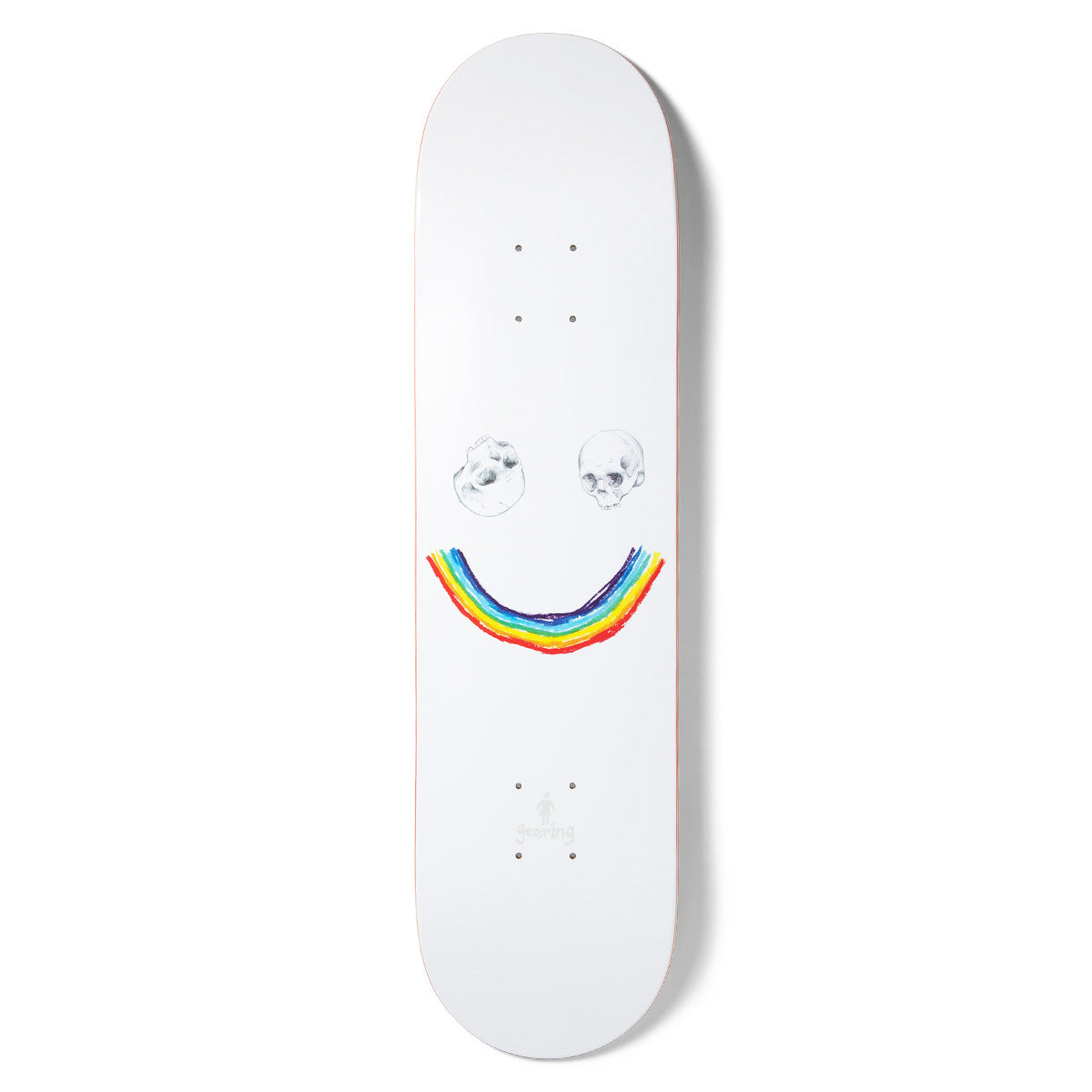 Girl Geering Skull N Bows skateboard deck: Plain white deck with a smiley face: two small pencil-drawn skulls for eyes and a hand-painted rainbow curve for the mouth. Small Girl logo and rider name at the tail.