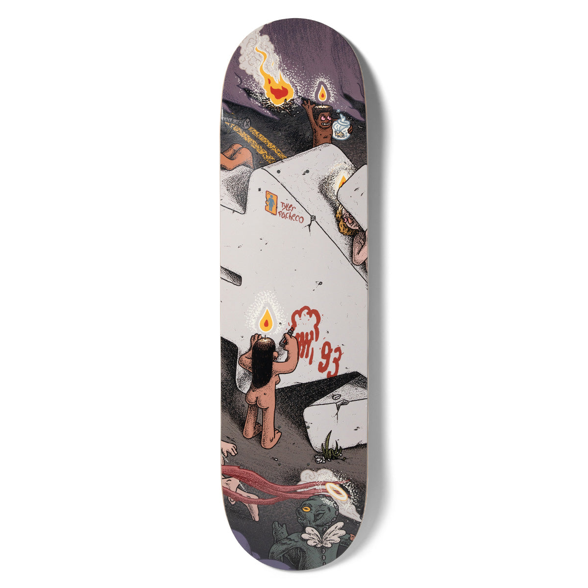 Girl Pacheco Monumental skateboard deck: Detailed illustration of small naked figures with candle flames for heads clambering over a huge pale concrete monument under a smoky purple sky. One figure scrawls red graffiti, with creatures and flames around the edges.