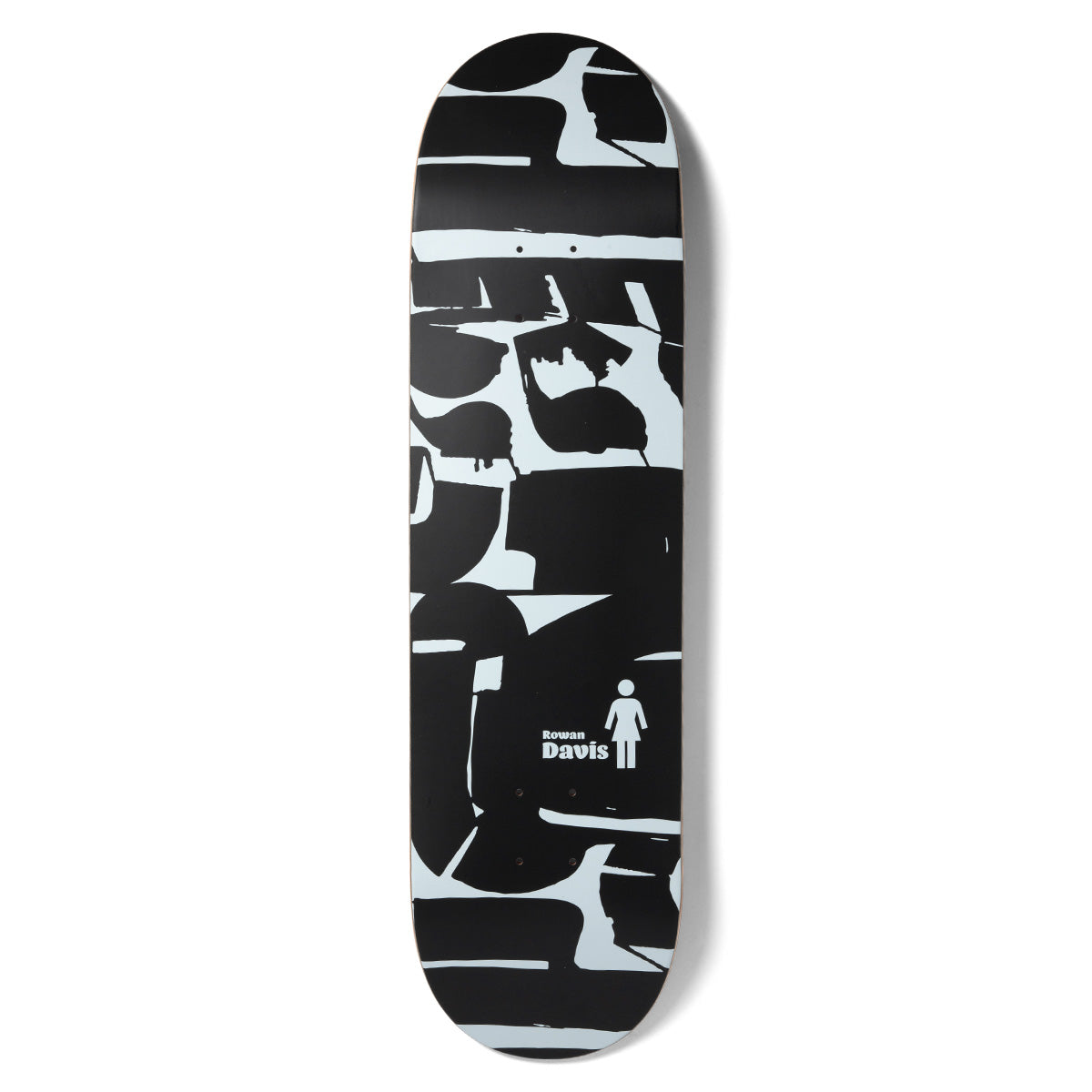 Girl Davis Dialog skateboard deck: Black and pale blue abstract pattern of chunky, brushed speech-bubble-like shapes covering the deck, with the rider's name and the Girl pictogram in white.