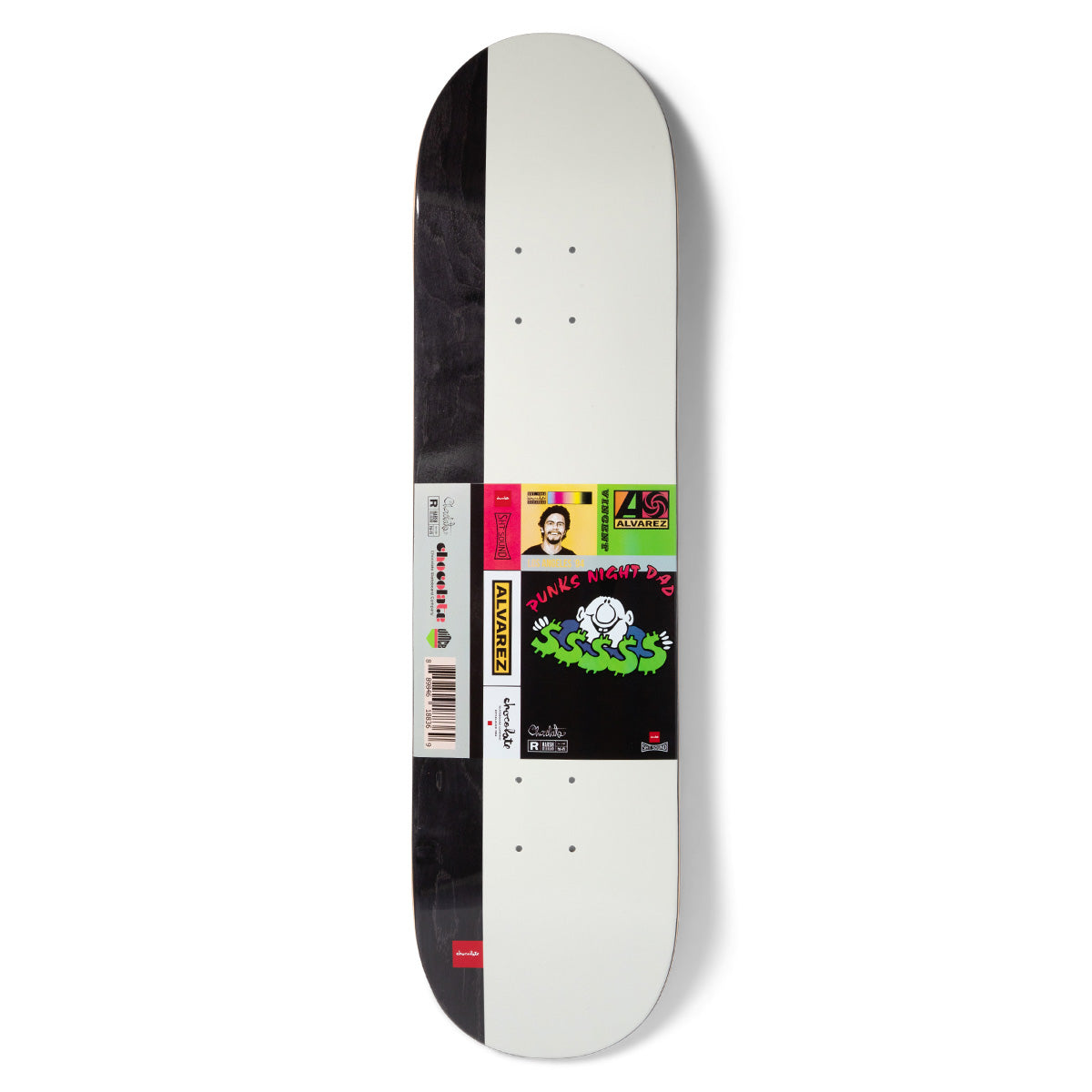 Chocolate Alvarez Mixtape skateboard deck: A cassette or album-sleeve style design with a stack of small labels: a smiling man's photo, a record-label logo, a cartoon figure on a green dollar-sign scribble and a barcode, on a white deck with a black side strip.