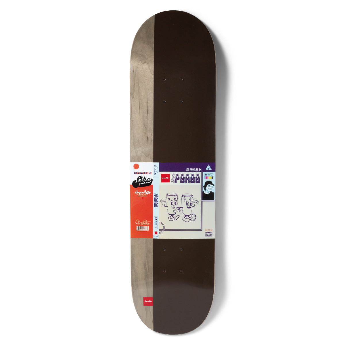 Chocolate Perez Mixtape skateboard deck: Dark brown deck split with a grey wood-grain strip down one side, with a central graphic styled as a cassette or record sleeve showing two cartoon conga drums with faces and a small portrait, with Chocolate and Los Angeles 94 labels.