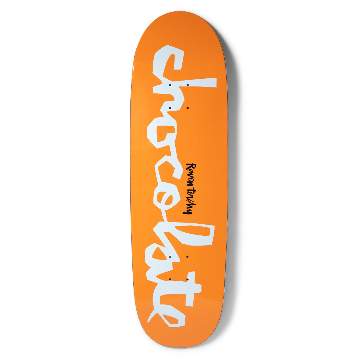 Chocolate Tershy Original Chunk Couch skateboard deck: A shaped deck in plain orange with the Chocolate Chunk logo in large pale blue hand-cut capitals running down its length, and the rider's name in small black script.