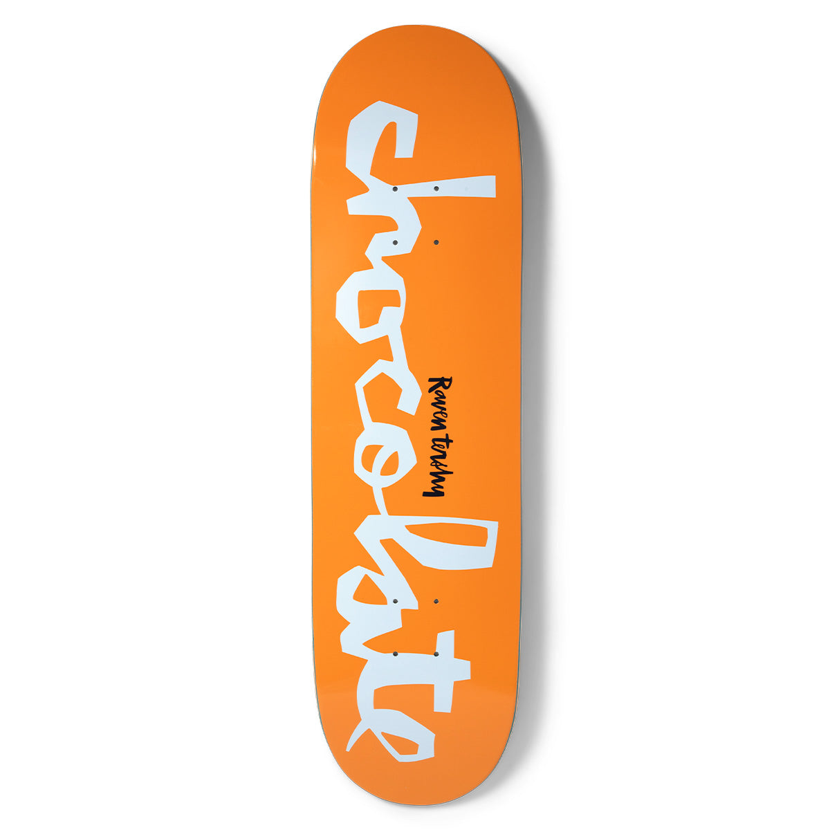 Chocolate Tershy Original Chunk skateboard deck: The Chocolate wordmark in large pale blue-white chunky cut-out lettering runs the full length of a bright orange deck, with a small black handwritten Raven Tershy signature in the middle.