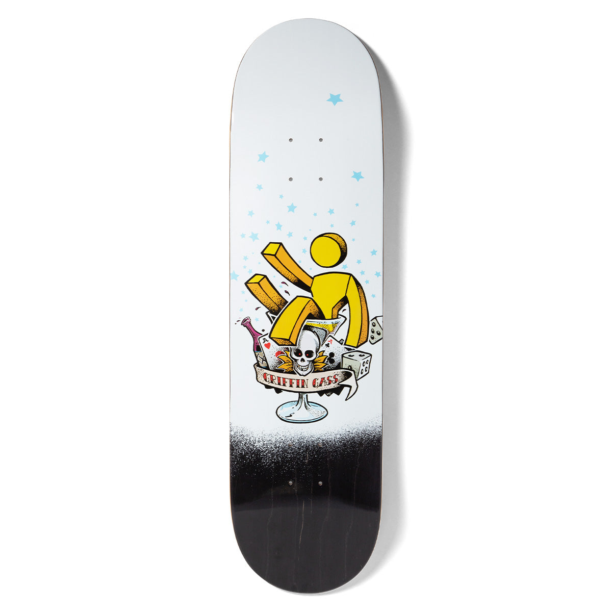 Girl Gass Mans Ruin skateboard deck: Yellow Girl-logo figure sitting in a martini glass among dice, playing cards, a bottle and a skull, with a banner naming the rider. Pale blue stars scatter above on a white deck fading to black at the tail.