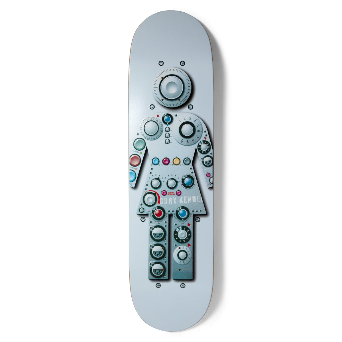 Girl Kennedy Radio Radio skateboard deck: Girl logo figure built from a riveted grey metal panel covered in knobs, dials and coloured buttons, like audio equipment, with a large dial for a head. Pale blue-grey background and a rider name partly legible on the skirt.