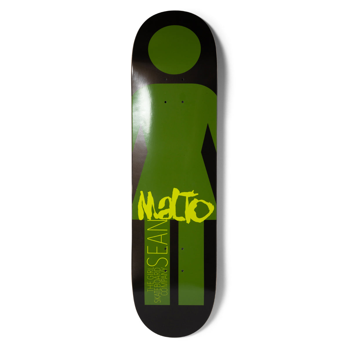 Girl Malto Giant Metal OG skateboard deck: Giant Girl logo figure in olive green on a black deck, with Malto in rough yellow-green brush lettering across the skirt. Vertical text 'The Girl Skateboard Company Sean' runs down one leg.