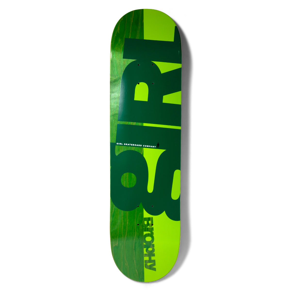 Girl Brophy Rising skateboard deck: Oversized tilted Girl lettering in dark green across a two-tone green deck, part wood-stained and part lime. Small Girl Skateboard Company text and logo in the middle, with the rider's name near the tail.