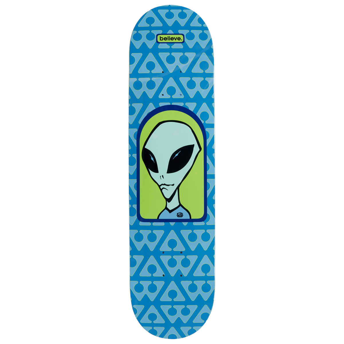 Alien Workshop Believe Pattern skateboard deck: Grey alien head with large black eyes in a lime green arched frame on a blue deck patterned with a repeating pale blue triangular logo, with a small 'believe.' label at the top.