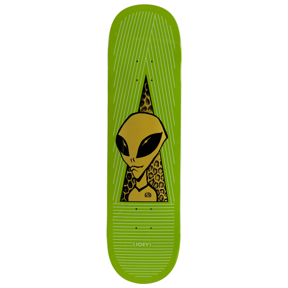 Alien Workshop Guevara Visitor Gold skateboard deck: Gold alien head with black eyes inside a dark triangular spike filled with a honeycomb texture, on a lime green deck with fine white line patterns. A small (JOEY) tag sits near the tail.