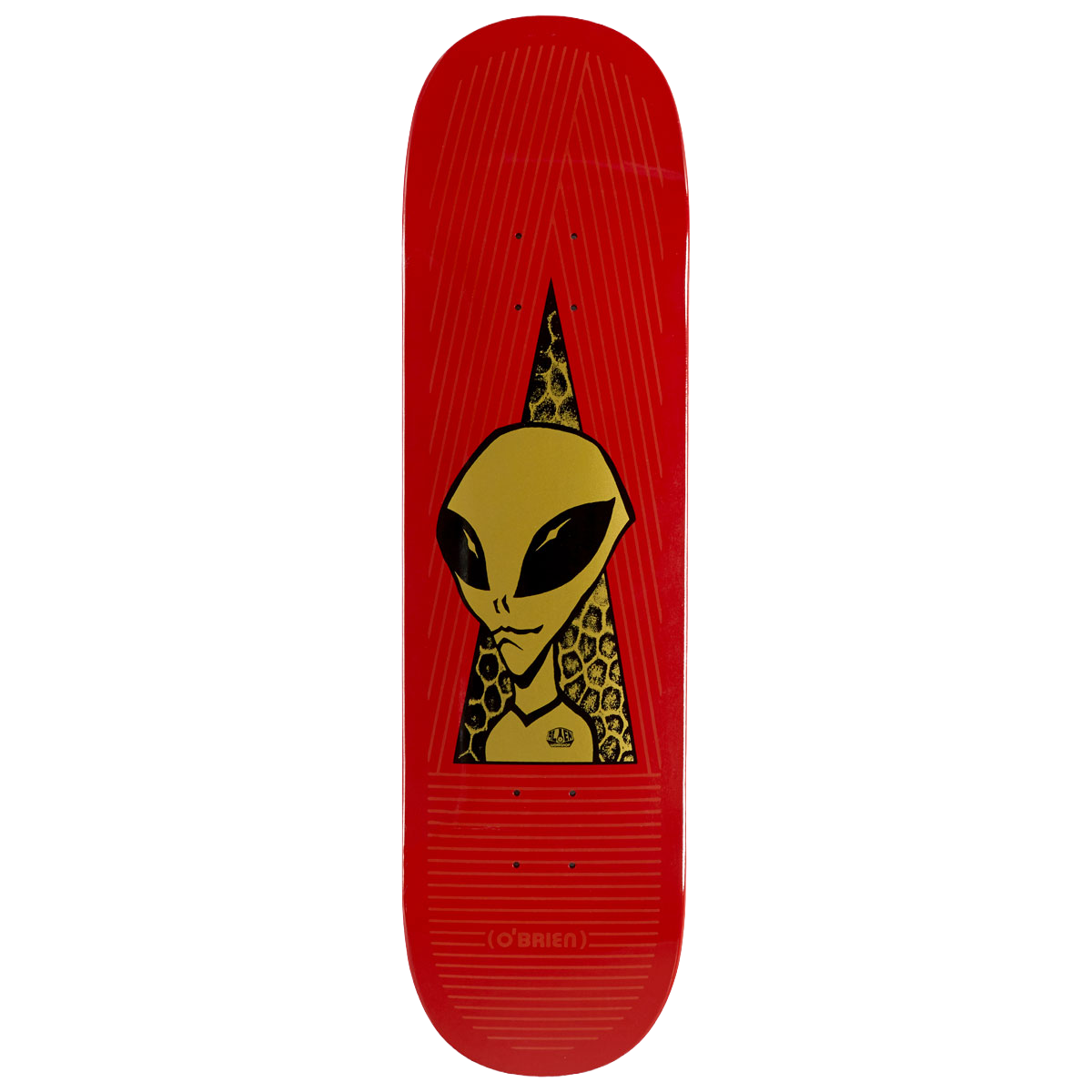 Alien Workshop O'Brien Visitor Gold skateboard deck: A gold alien head with black eyes peering from a dark triangular cut-out filled with a honeycomb pattern, on a red deck with fine engraved line texture. The rider name is printed in brackets near the tail.