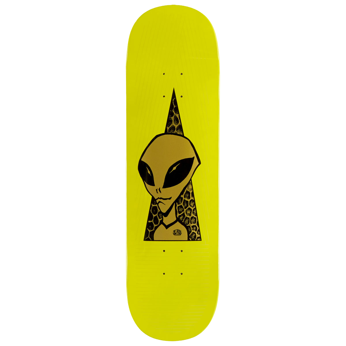 Alien Workshop Popson Visitor Gold skateboard deck: A gold alien head with black eyes looking out from a black triangular cut-out filled with a honeycomb pattern, on a bright yellow deck.