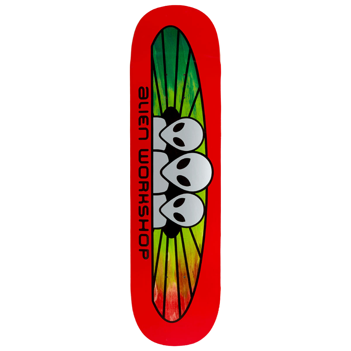 Alien Workshop Rgb Spectrum skateboard deck: Three stacked grey alien heads inside a long oval window of green to red gradient wood with radiating lines, on a bright red deck, with ALIEN WORKSHOP lettered vertically along the side.