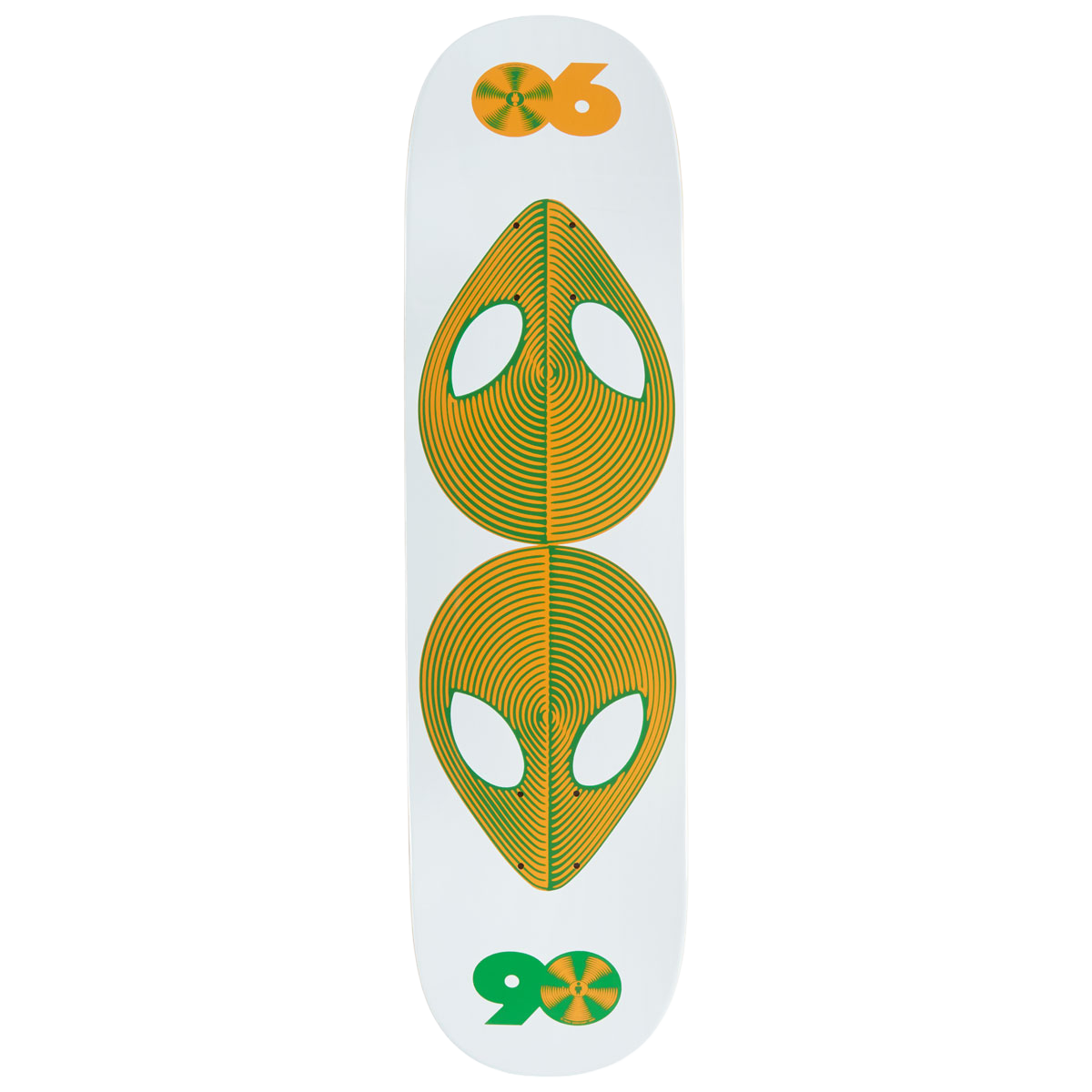Alien Workshop Scanner Twin skateboard deck: Two mirrored alien heads built from concentric orange and green lines like record grooves, stacked on a white deck, with a record-style disc and numerals 06 at the top and 90 at the bottom.