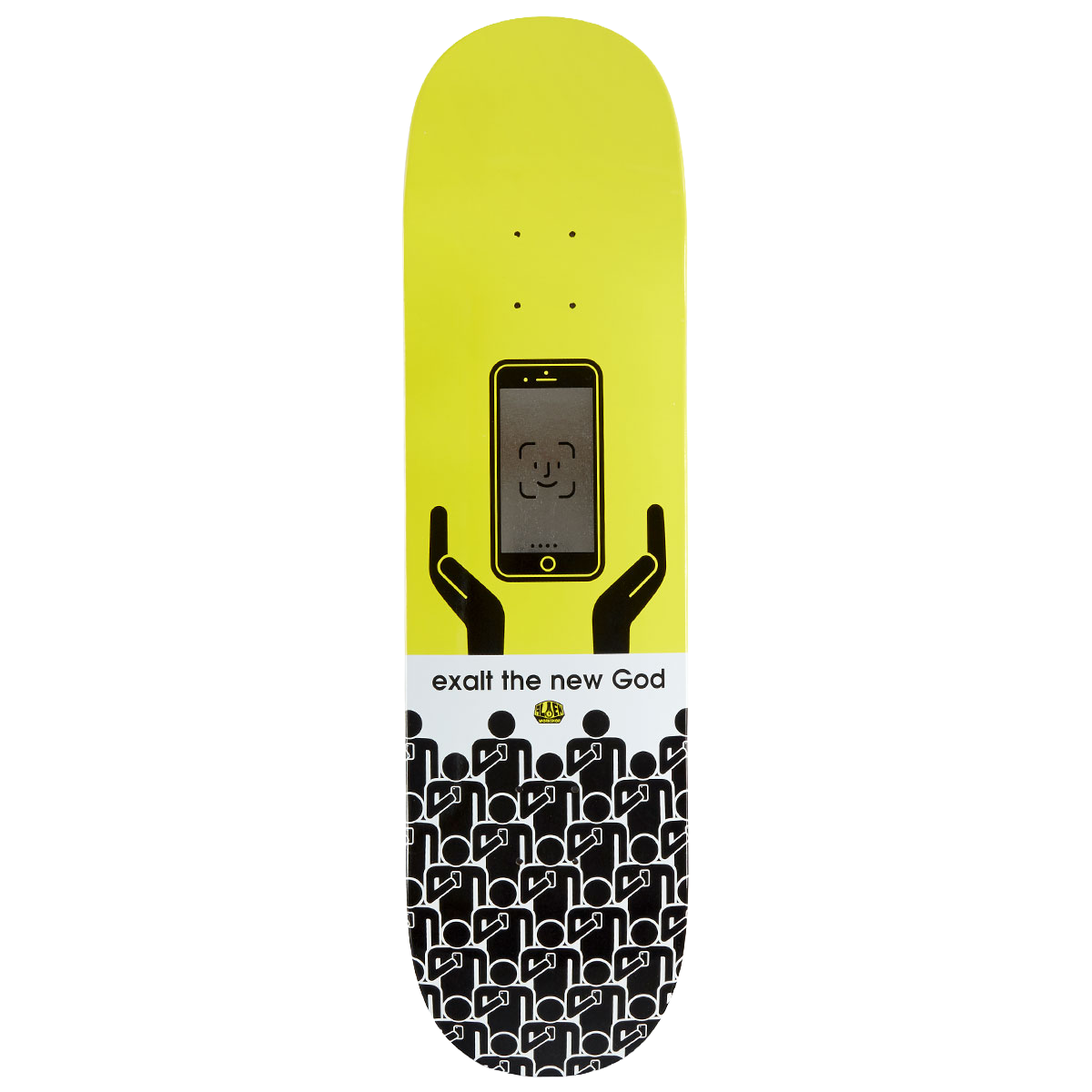 Alien Workshop Self Exalt skateboard deck: Black pictogram hands lifting a smartphone showing a face-recognition icon, on a yellow upper half, above a white caption band and a crowd of repeated black figures looking at phones.