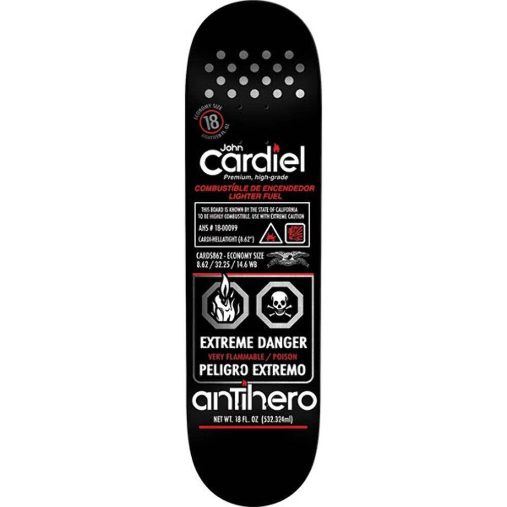 Anti Hero Cardiel Fueled Up skateboard deck: Parody of a lighter fuel can label on black, with white and red hazard text, flame and skull warning symbols, a dot pattern at the top and the Anti Hero logo and eagle emblem near the bottom.