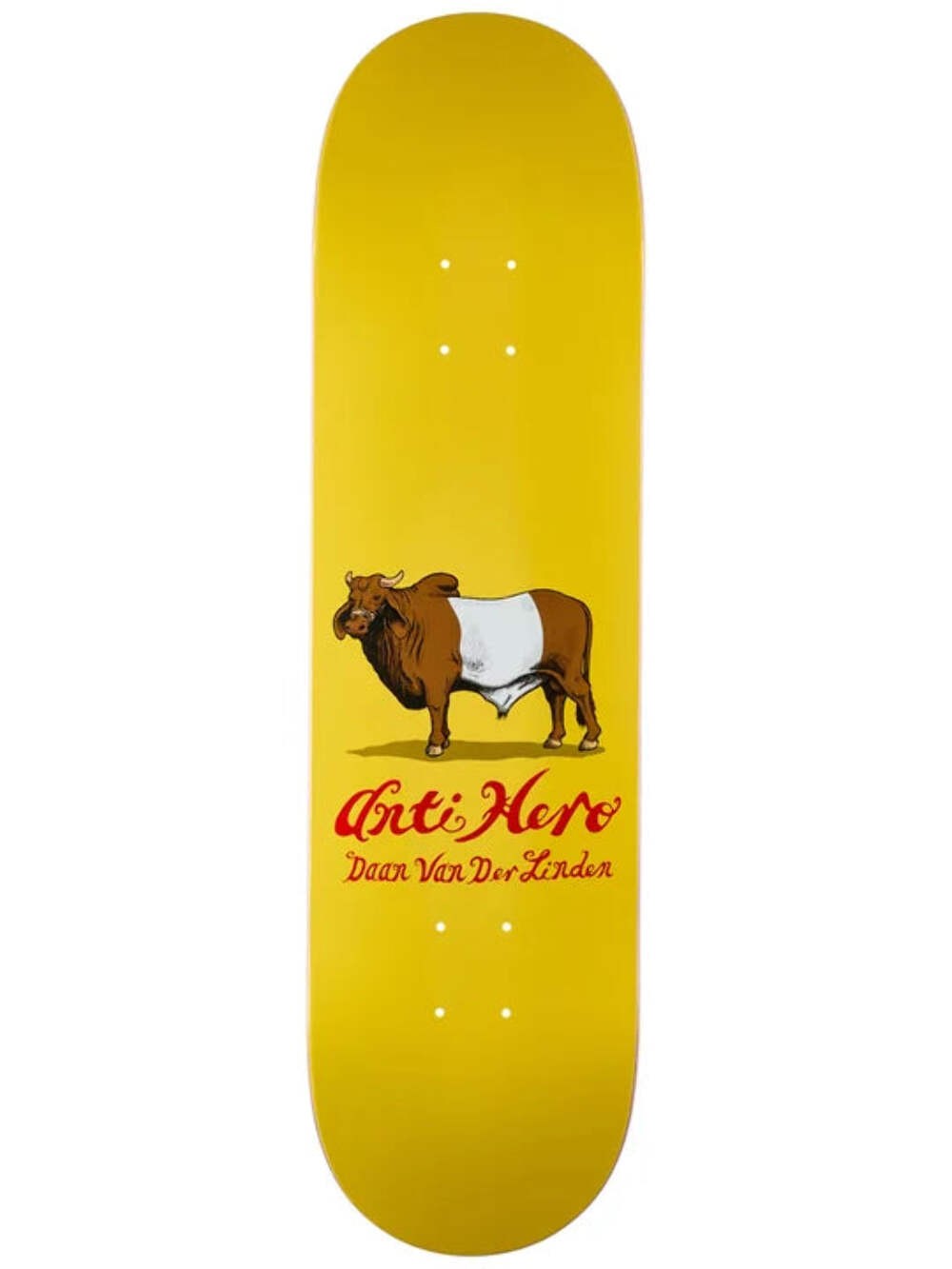 Anti Hero Daan Dutch Belted skateboard deck: Illustration of a brown bull with a white belt band around its middle, on a plain mustard yellow deck, with Anti Hero and the rider's name in red script beneath.