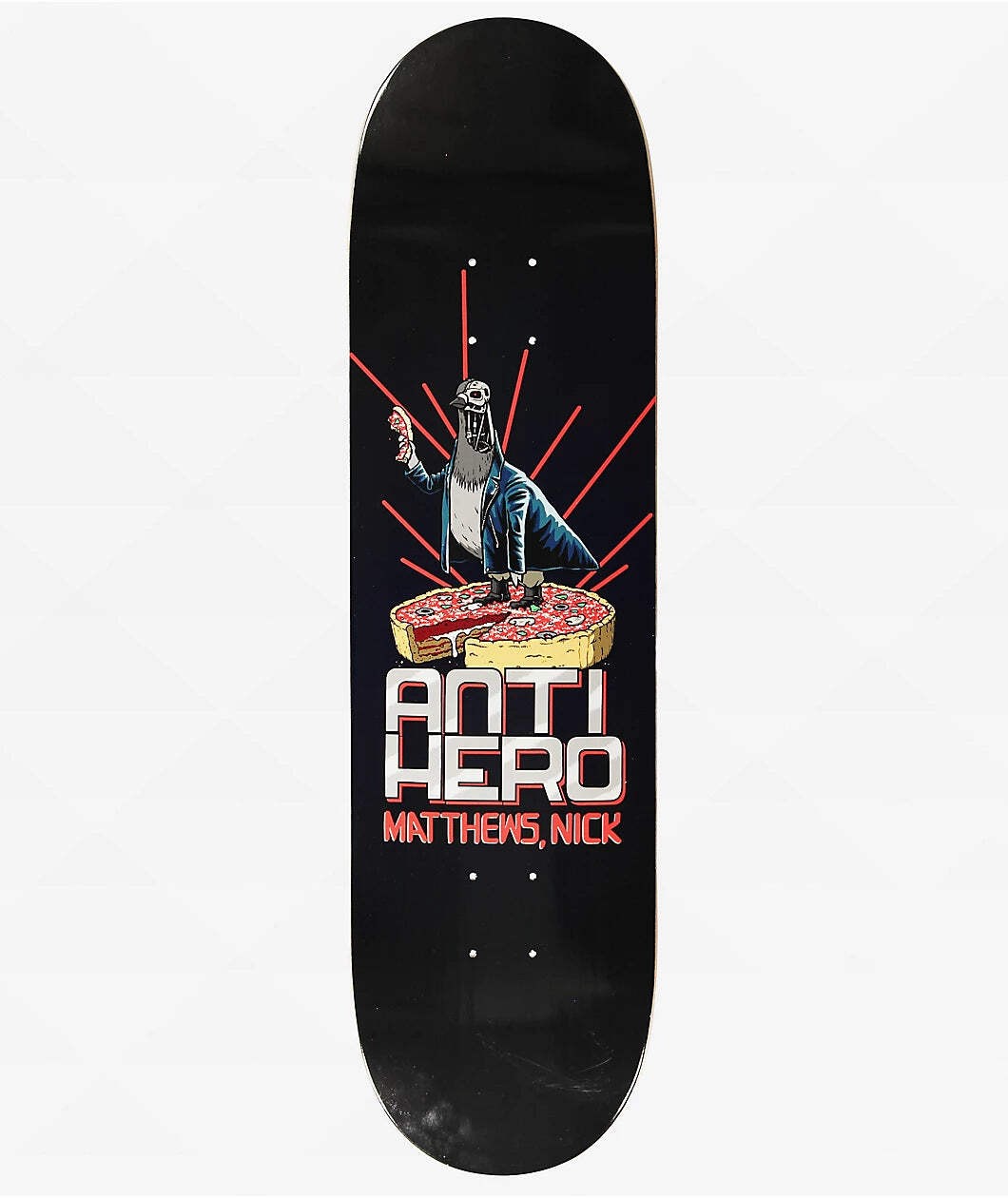 Anti Hero Matthews P2 Judgement Day skateboard deck: A skull-faced pigeon in a blue jacket stands on a deep-dish pizza with a slice missing, holding up a bloody piece of meat. Red rays burst out behind it on a black deck, with the brand and rider name stacked below.
