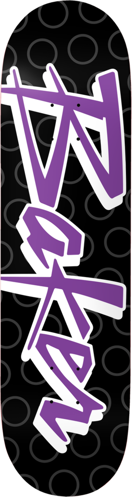 Baker Andrew Reynolds Purple Pain skateboard deck: Brand name in large purple brush-script lettering with a white outline running down the deck, over a black background patterned with grey rings.