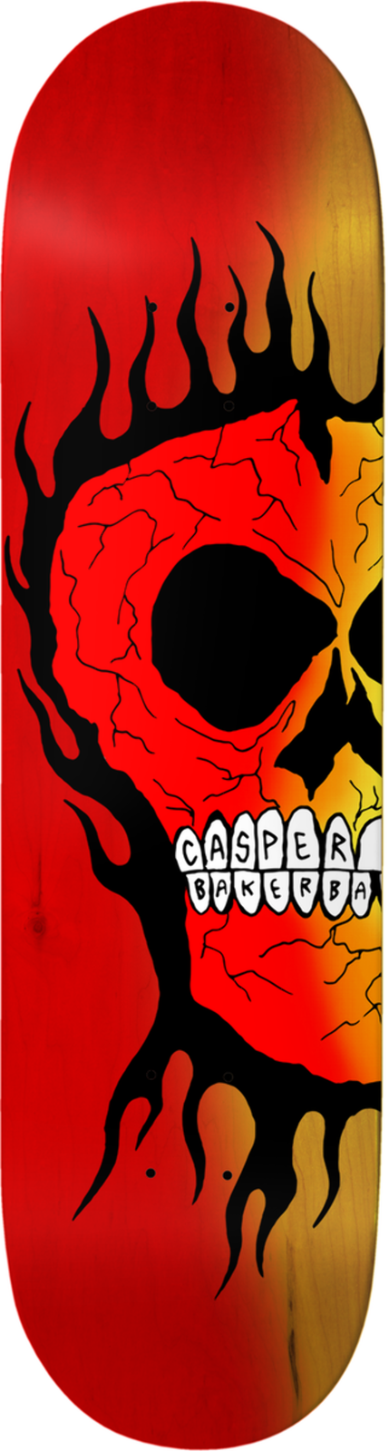 Baker Brooker Rasta Skull (B2 Shape) skateboard deck: Large cracked skull with black flame edges and a gradient from red to yellow-orange, its bared teeth spelling the rider's name.